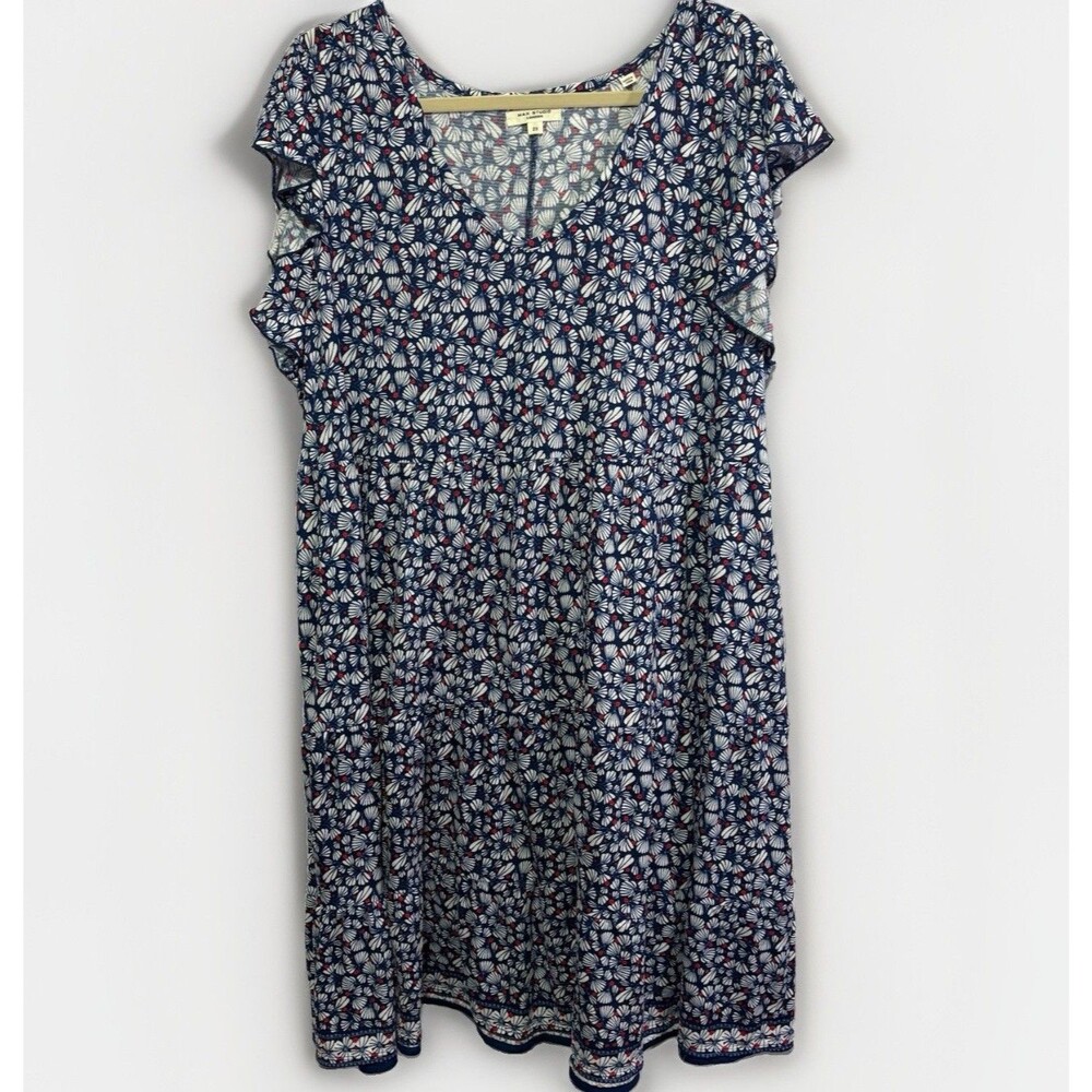 Max Studio Tiered Dress Womens 2X Navy Red Floral Flutter Sleeve Cottagecore